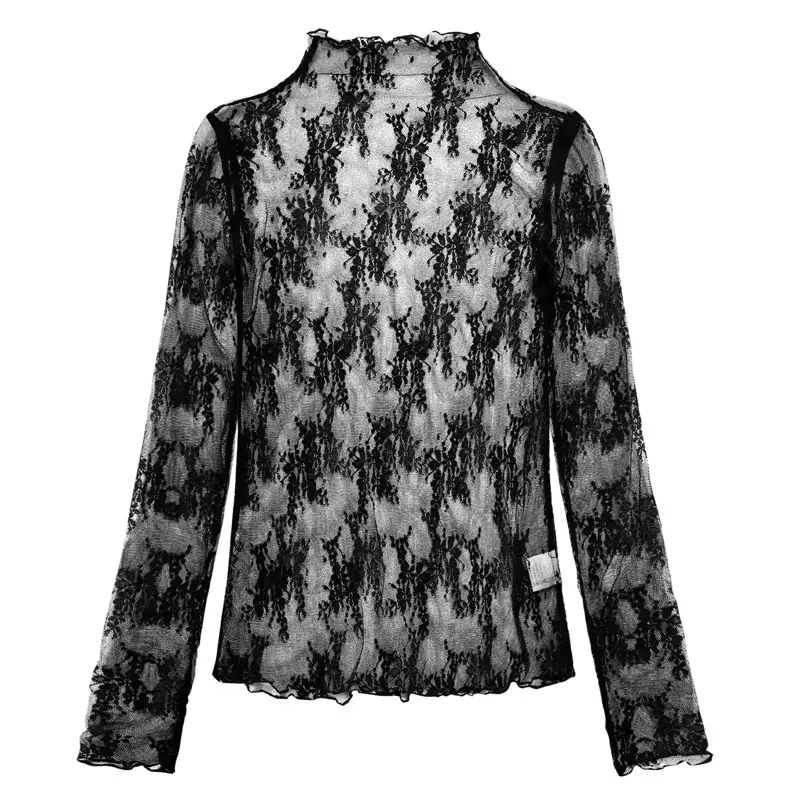 Women's Long Sleeve Mesh Top with Lace Trim - Image 11
