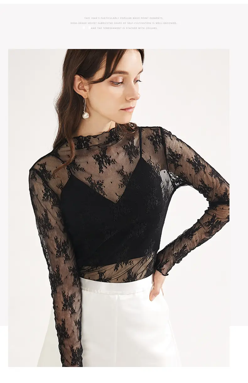 Women's Long Sleeve Mesh Top with Lace Trim — feature 10