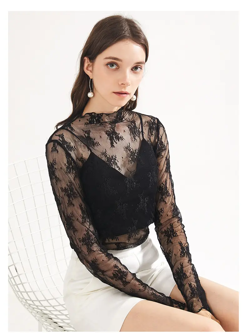 Women's Long Sleeve Mesh Top with Lace Trim — feature 11