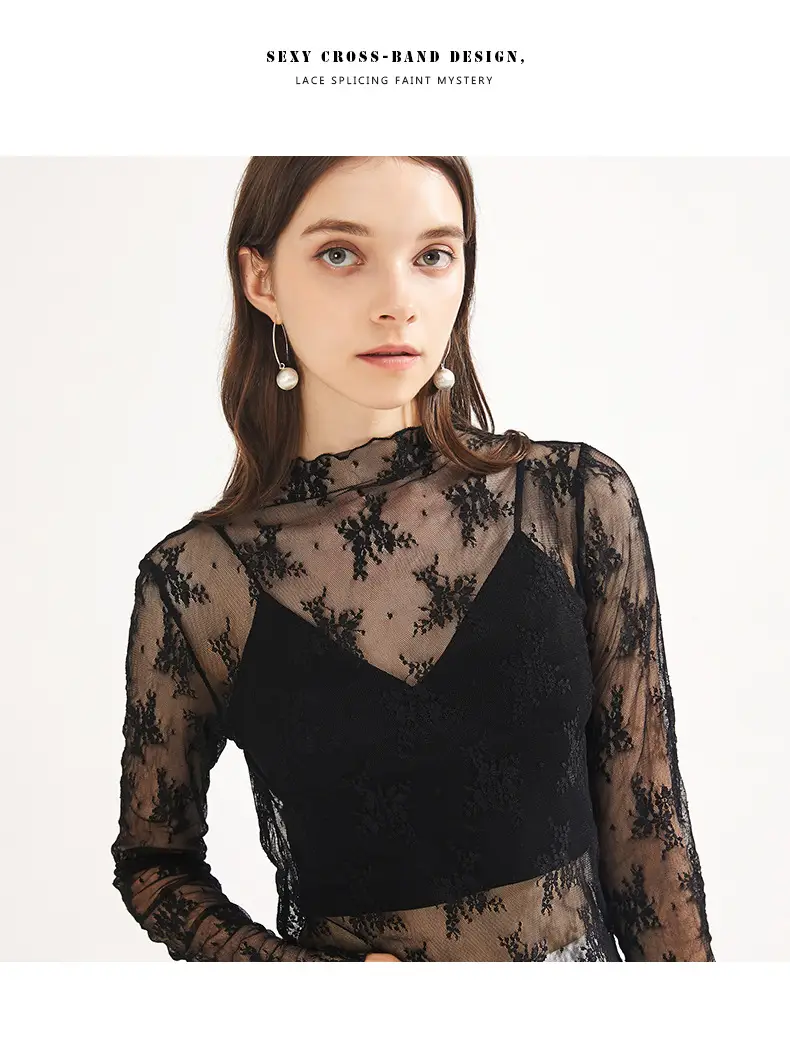 Women's Long Sleeve Mesh Top with Lace Trim — feature 12
