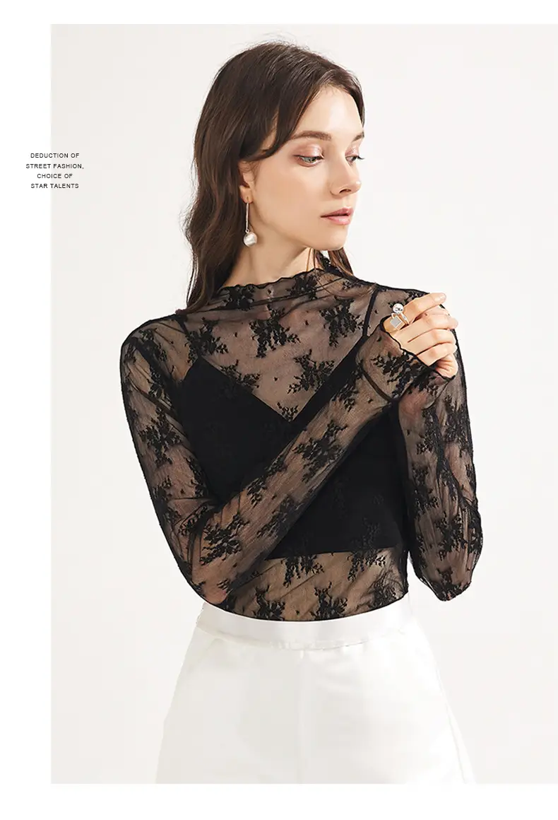 Women's Long Sleeve Mesh Top with Lace Trim — feature 13