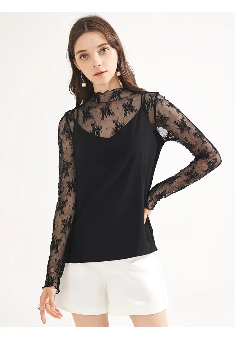 Women's Long Sleeve Mesh Top with Lace Trim — feature 14