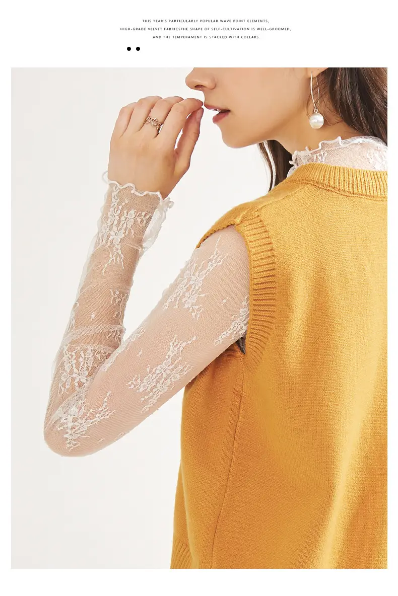 Women's Long Sleeve Mesh Top with Lace Trim — feature 16