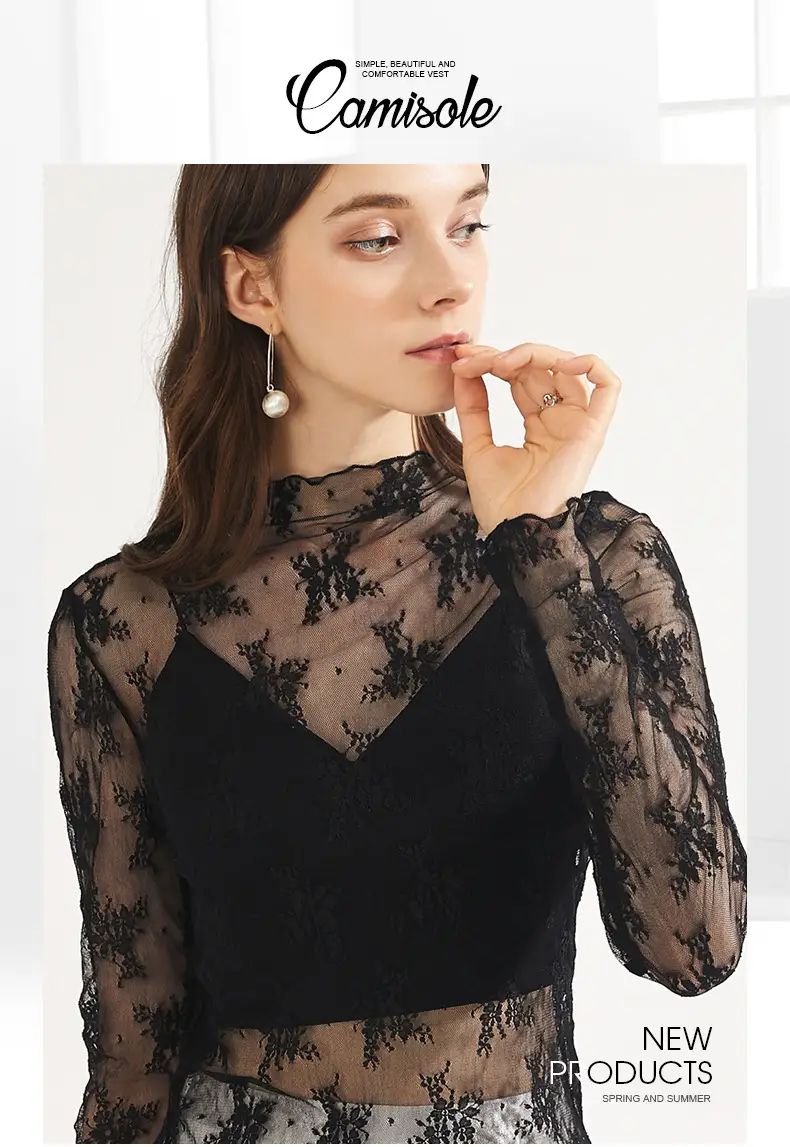 Women's Long Sleeve Mesh Top with Lace Trim — feature 2