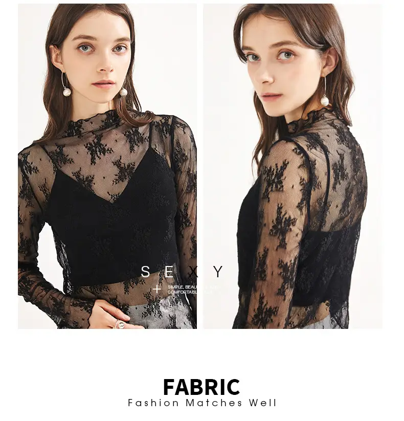 Women's Long Sleeve Mesh Top with Lace Trim — feature 4