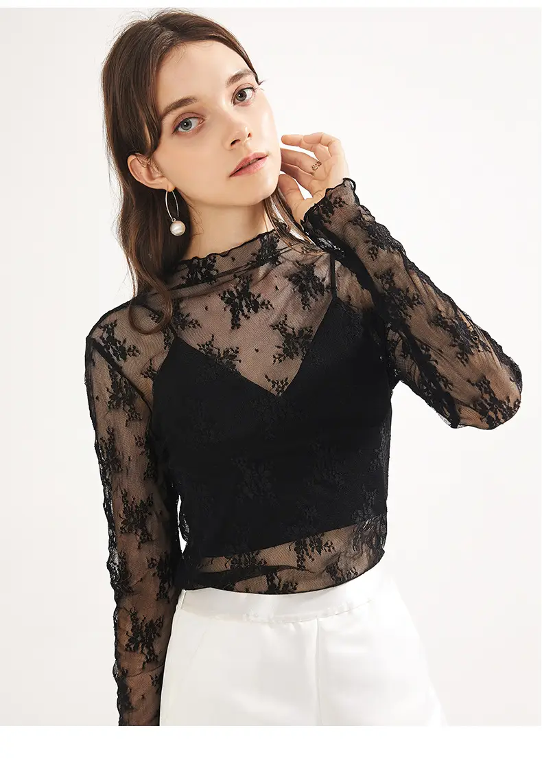 Women's Long Sleeve Mesh Top with Lace Trim — feature 8