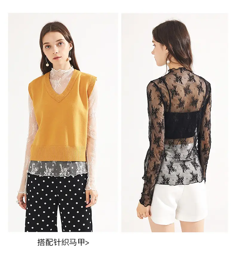 Women's Long Sleeve Mesh Top with Lace Trim — feature 9