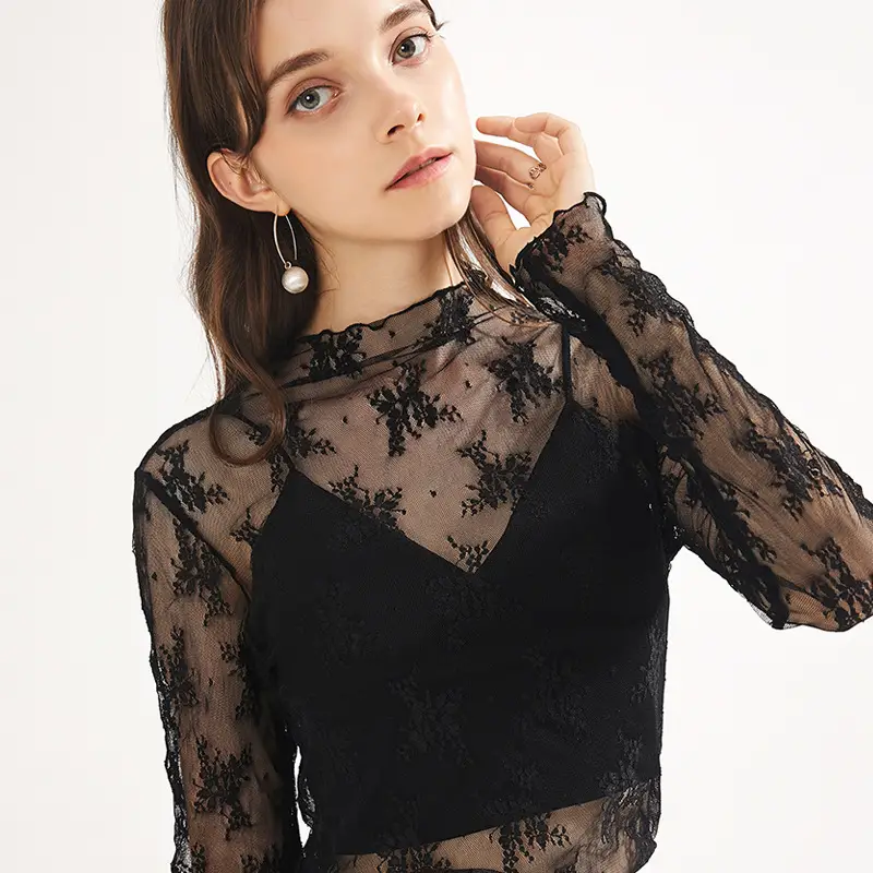Women's Long Sleeve Mesh Top with Lace Trim - Image 2