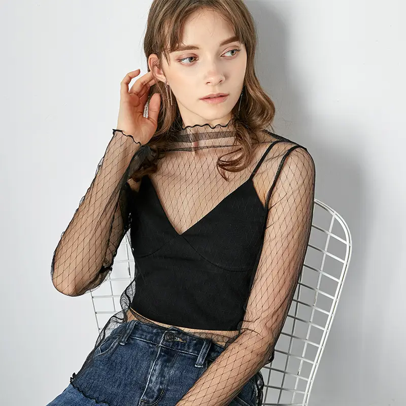 Women's Long Sleeve Mesh Top with Lace Trim - Image 4