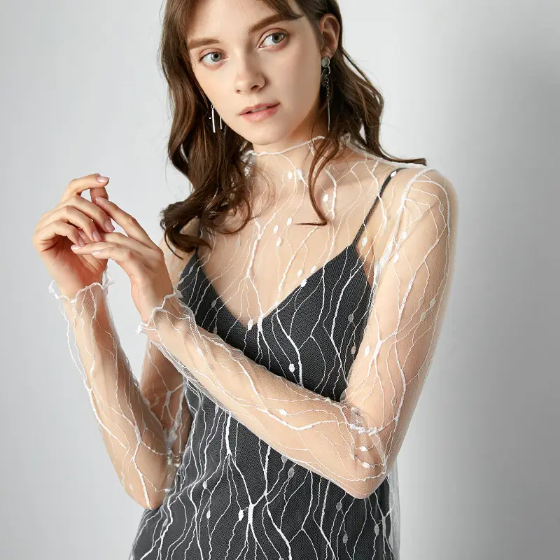Women's Long Sleeve Mesh Top with Lace Trim - Image 5