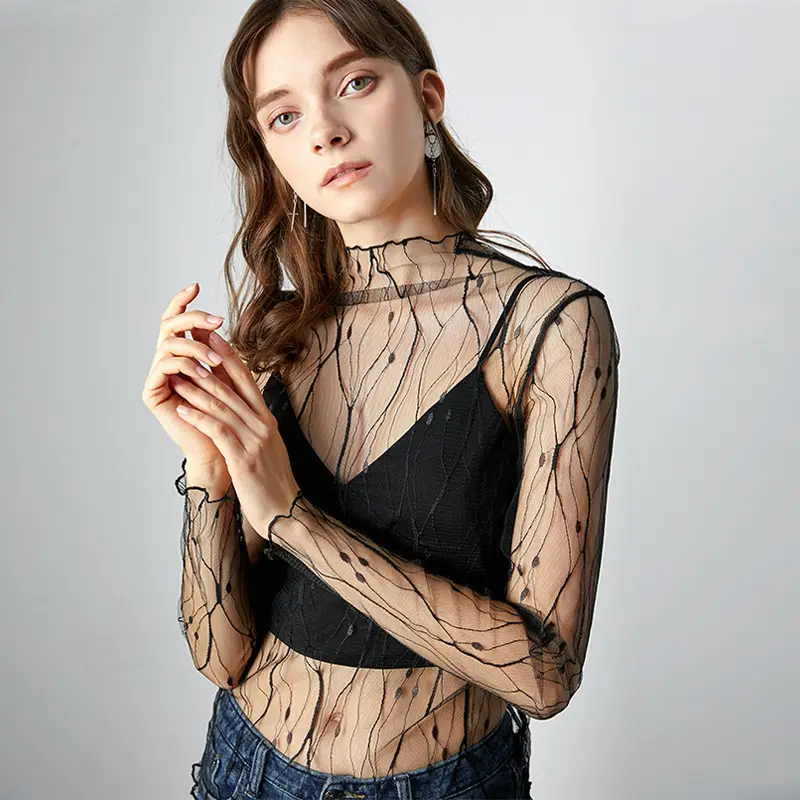 Women's Long Sleeve Mesh Top with Lace Trim - Image 6