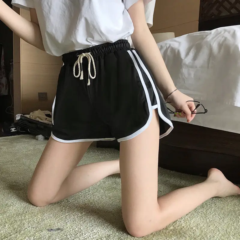 Women's Elastic Waist Yoga Shorts Black White High Waist