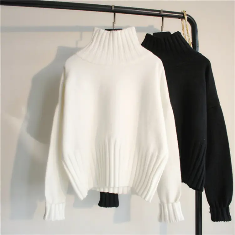 Women Lazy High Neck Pullover Sweater White Knit Long Sleeve