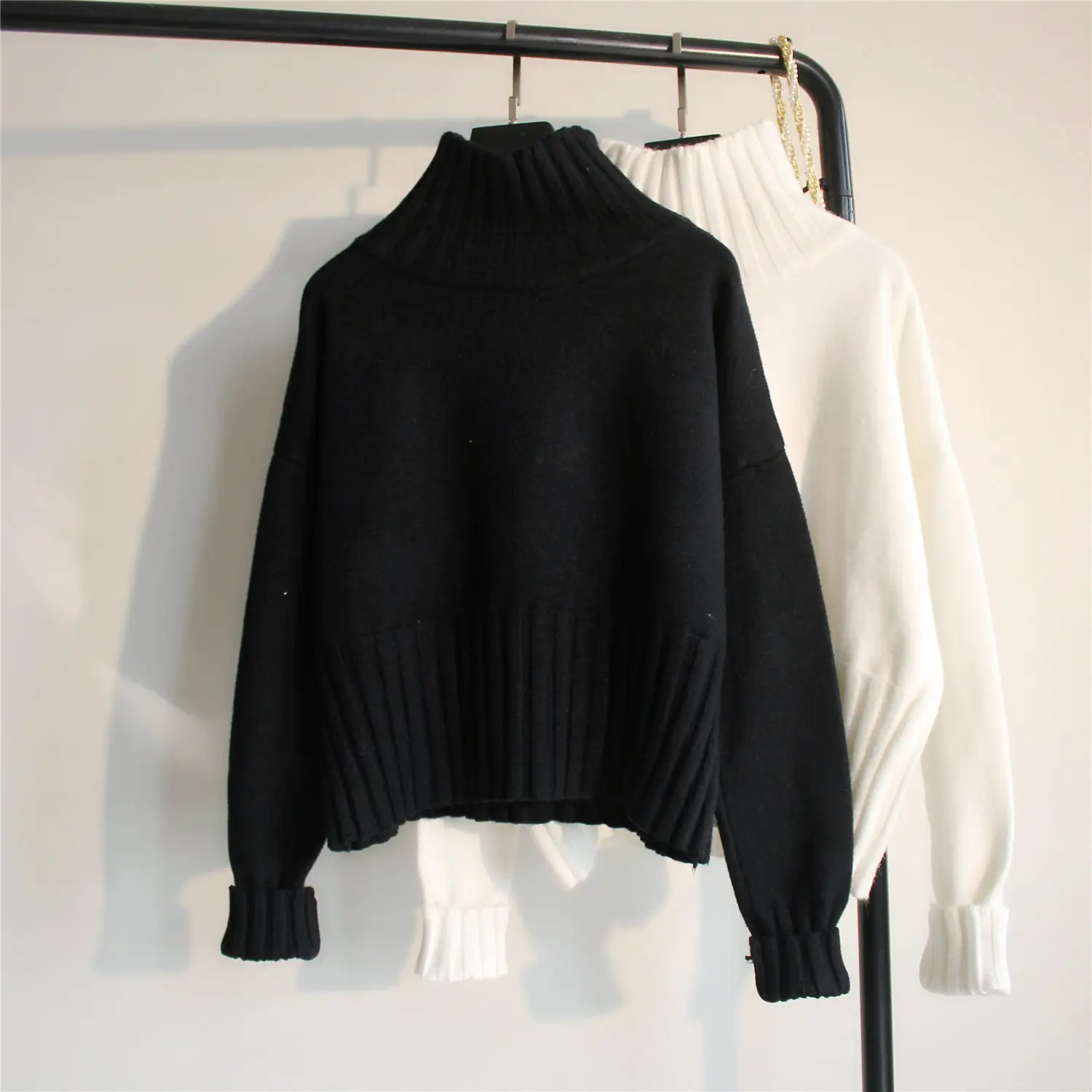 Women Lazy High Neck Pullover Sweater White Knit Long Sleeve