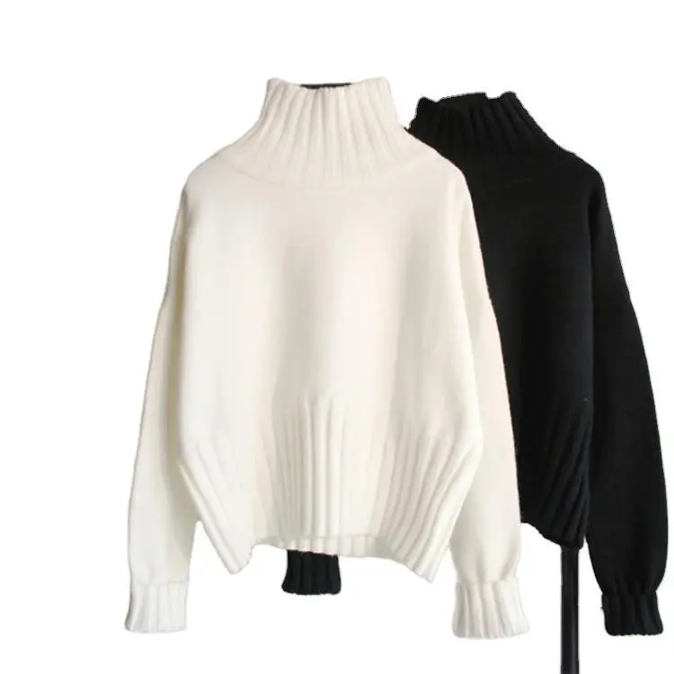 Women Lazy High Neck Pullover Sweater White Knit Long Sleeve