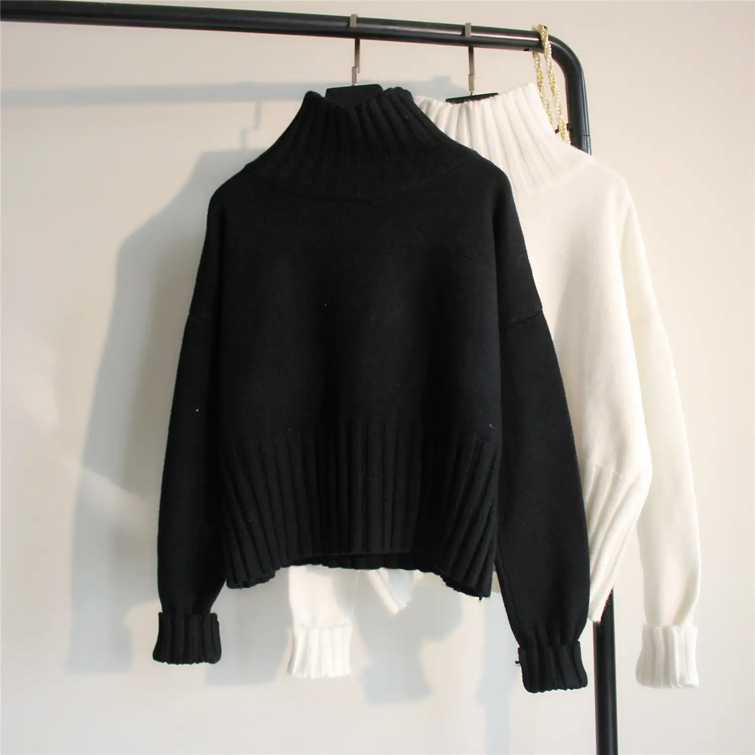 Women Lazy High Neck Pullover Sweater White Knit Long Sleeve