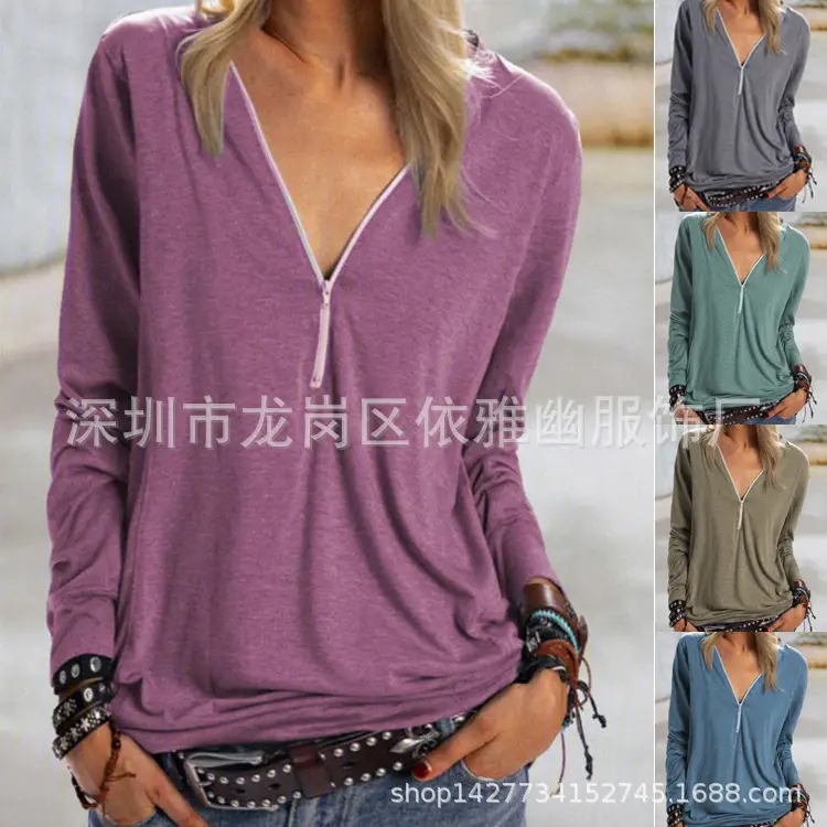 Grey Long Sleeve Zipper T-Shirt for Women - Image 4