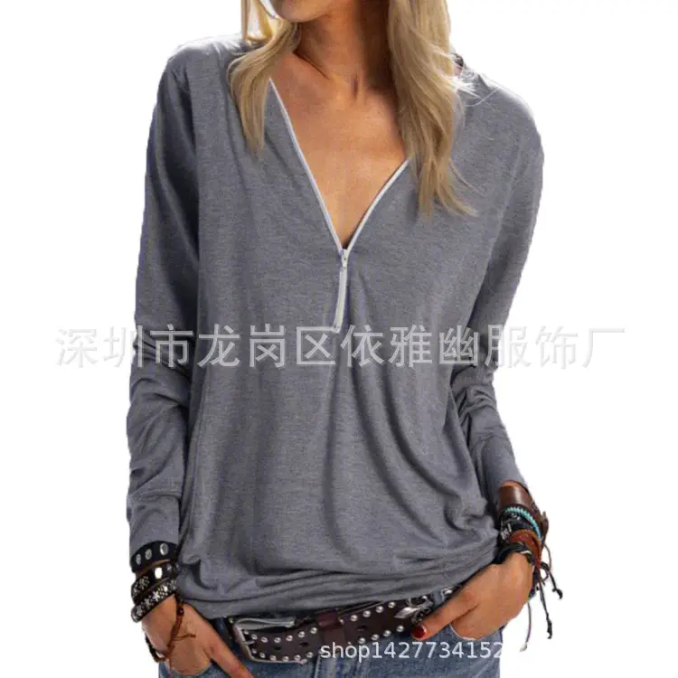 Grey Long Sleeve Zipper T-Shirt for Women - Image 5