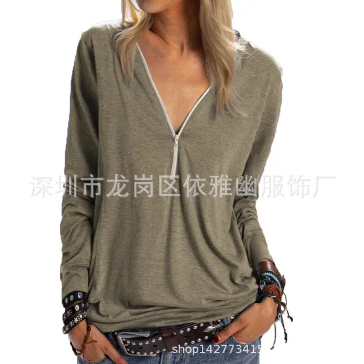 Grey Long Sleeve Zipper T-Shirt for Women - Image 6
