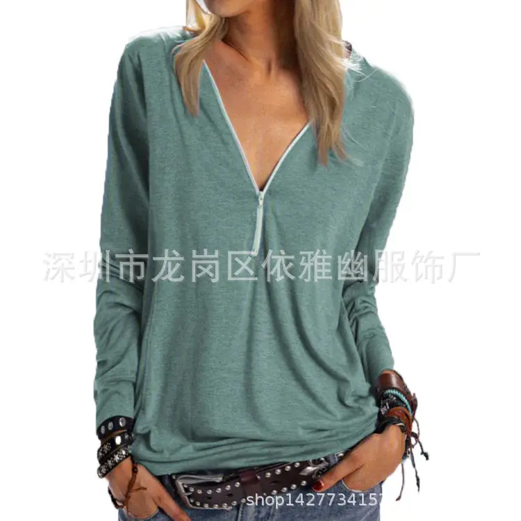 Grey Long Sleeve Zipper T-Shirt for Women - Image 8