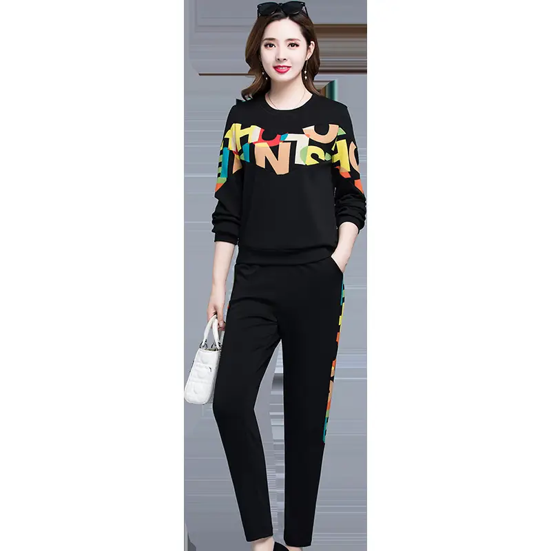 Women Black 2-Piece Sweatshirt Set with Colorful Print 2026