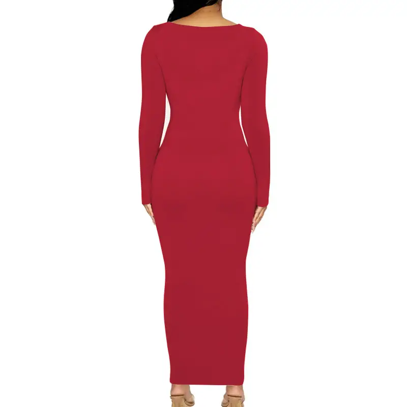 Women's Red Slim Fit Long Sleeve Dress - Image 5