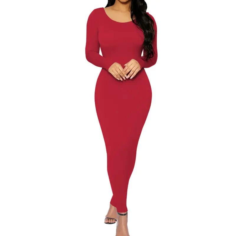 Women's Red Slim Fit Long Sleeve Dress - Image 2