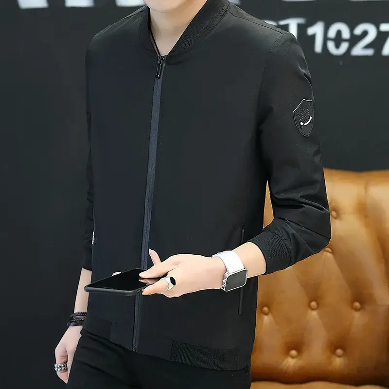 Men's Black Slim Fit Baseball Collar Jacket with Zip Front - Image 3