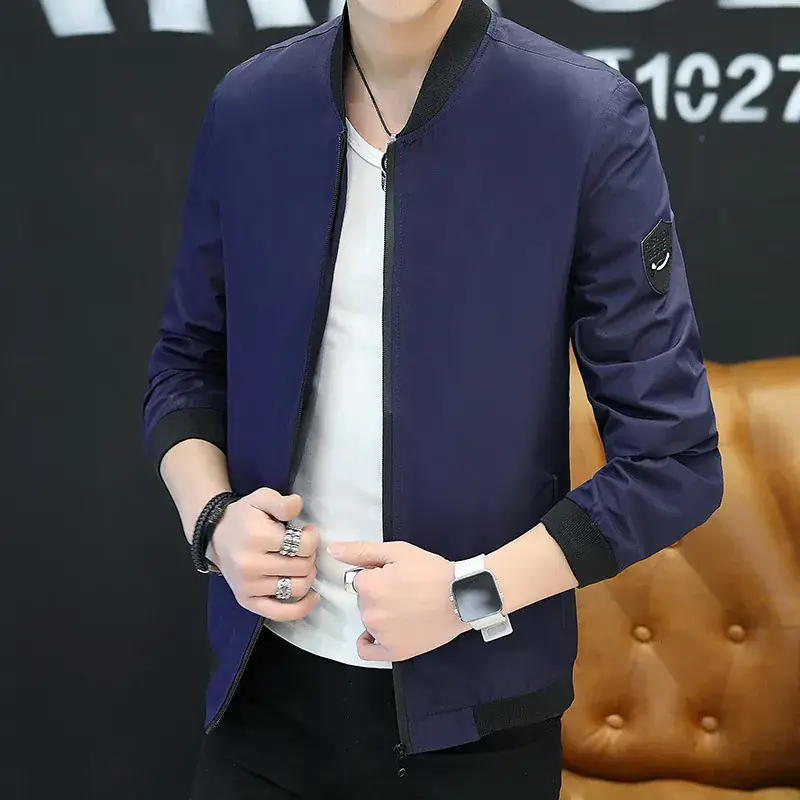 Men's Black Slim Fit Baseball Collar Jacket with Zip Front - Image 2
