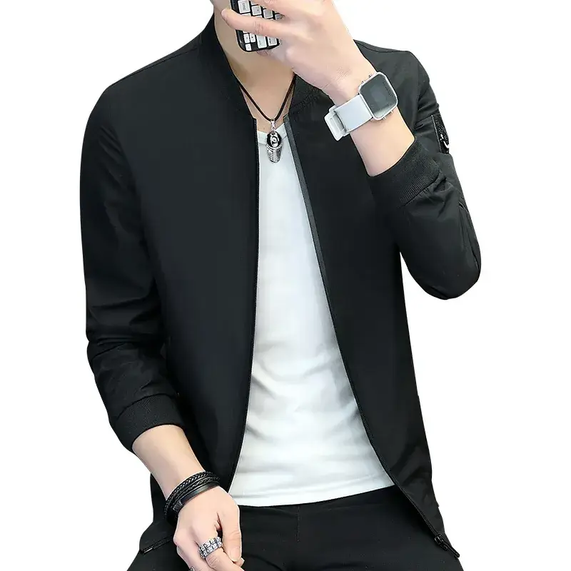 Men's Black Slim Fit Baseball Collar Jacket with Zip Front - Image 5