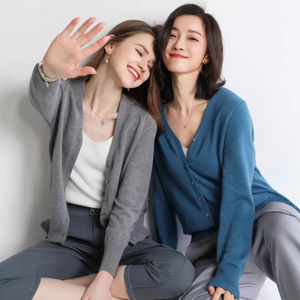 Women Wool V-Neck Cardigan Short Sleeve Warm - Image 17