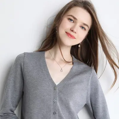 Women Wool V-Neck Cardigan Short Sleeve Warm - Image 3