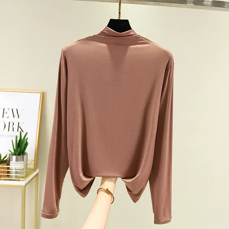 Women's Long Sleeve T-Shirt Brown Modal High Neck