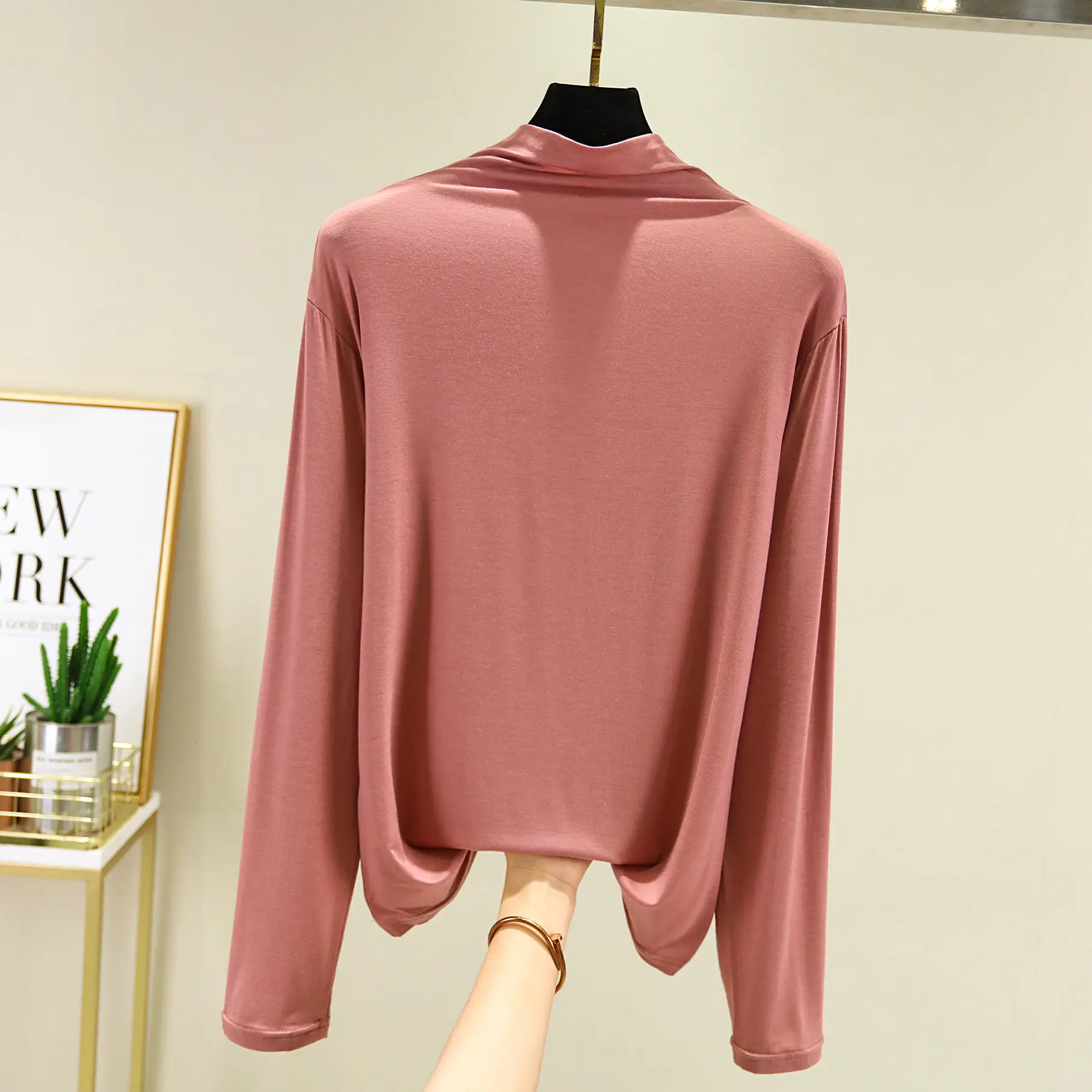 Women's Long Sleeve T-Shirt Brown Modal High Neck