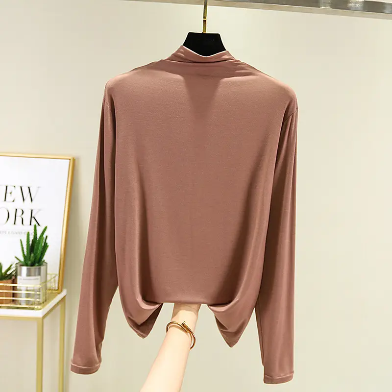 Women's Long Sleeve T-Shirt Brown Modal High Neck