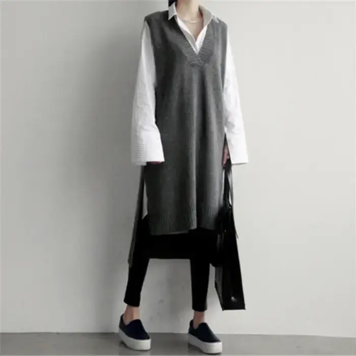 2022 Korean Style Grey Knitted Vest with V-Neck - Image 4