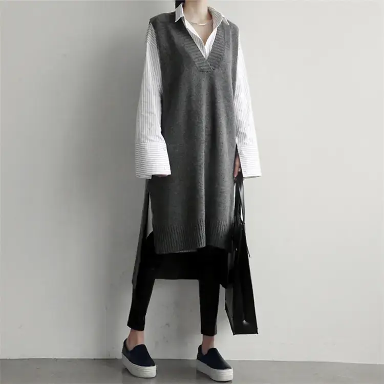 2022 Korean Style Grey Knitted Vest with V-Neck — feature 35