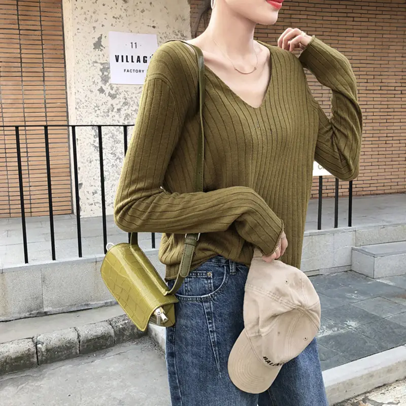 Women's Knitted V-Neck Slim Fit Base Shirt Autumn Winter - Image 11