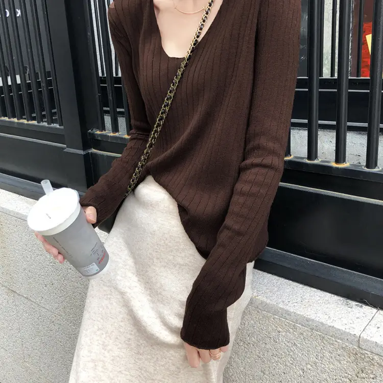 Women's Knitted V-Neck Slim Fit Base Shirt Autumn Winter — feature 12