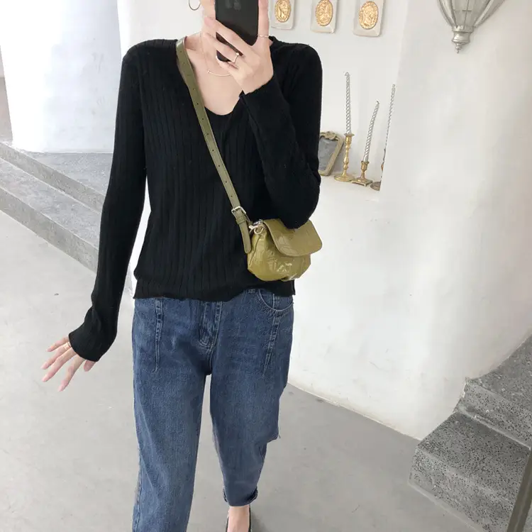 Women's Knitted V-Neck Slim Fit Base Shirt Autumn Winter — feature 14