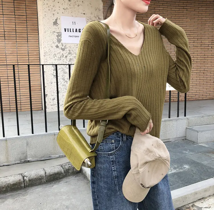 Women's Knitted V-Neck Slim Fit Base Shirt Autumn Winter — feature 17