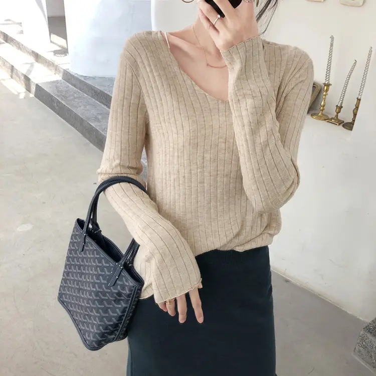 Women's Knitted V-Neck Slim Fit Base Shirt Autumn Winter — feature 24