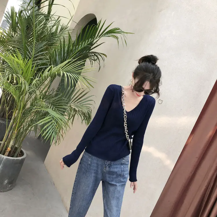 Women's Knitted V-Neck Slim Fit Base Shirt Autumn Winter — feature 30