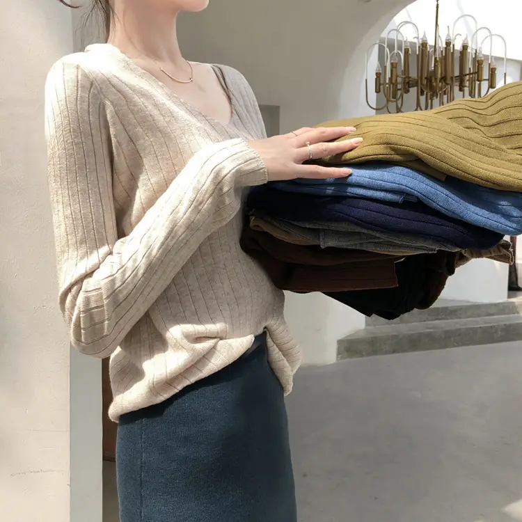 Women's Knitted V-Neck Slim Fit Base Shirt Autumn Winter — feature 5