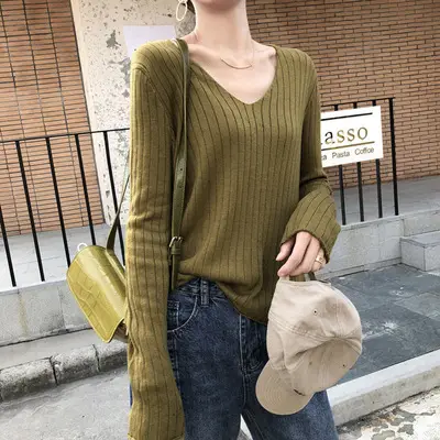 Women's Knitted V-Neck Slim Fit Base Shirt Autumn Winter - Image 2