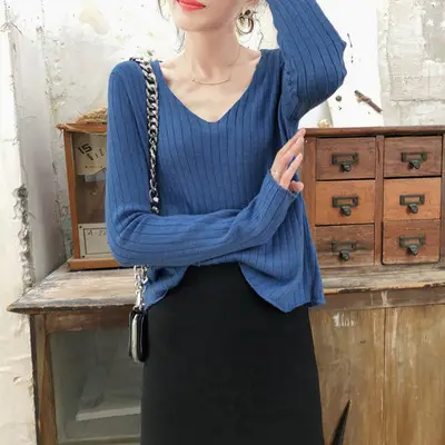 Women's Knitted V-Neck Slim Fit Base Shirt Autumn Winter - Image 5