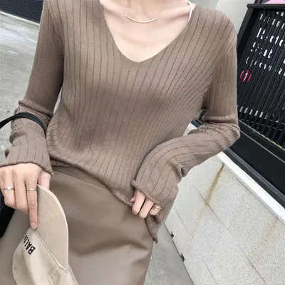 Women's Knitted V-Neck Slim Fit Base Shirt Autumn Winter - Image 6