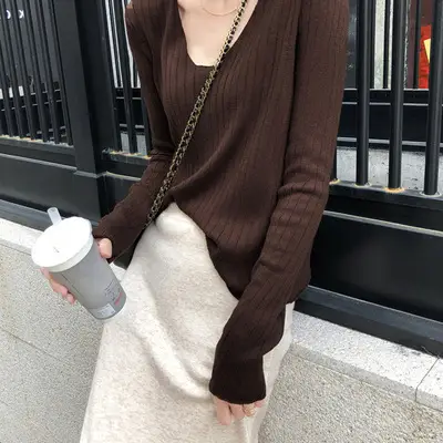 Women's Knitted V-Neck Slim Fit Base Shirt Autumn Winter - Image 8