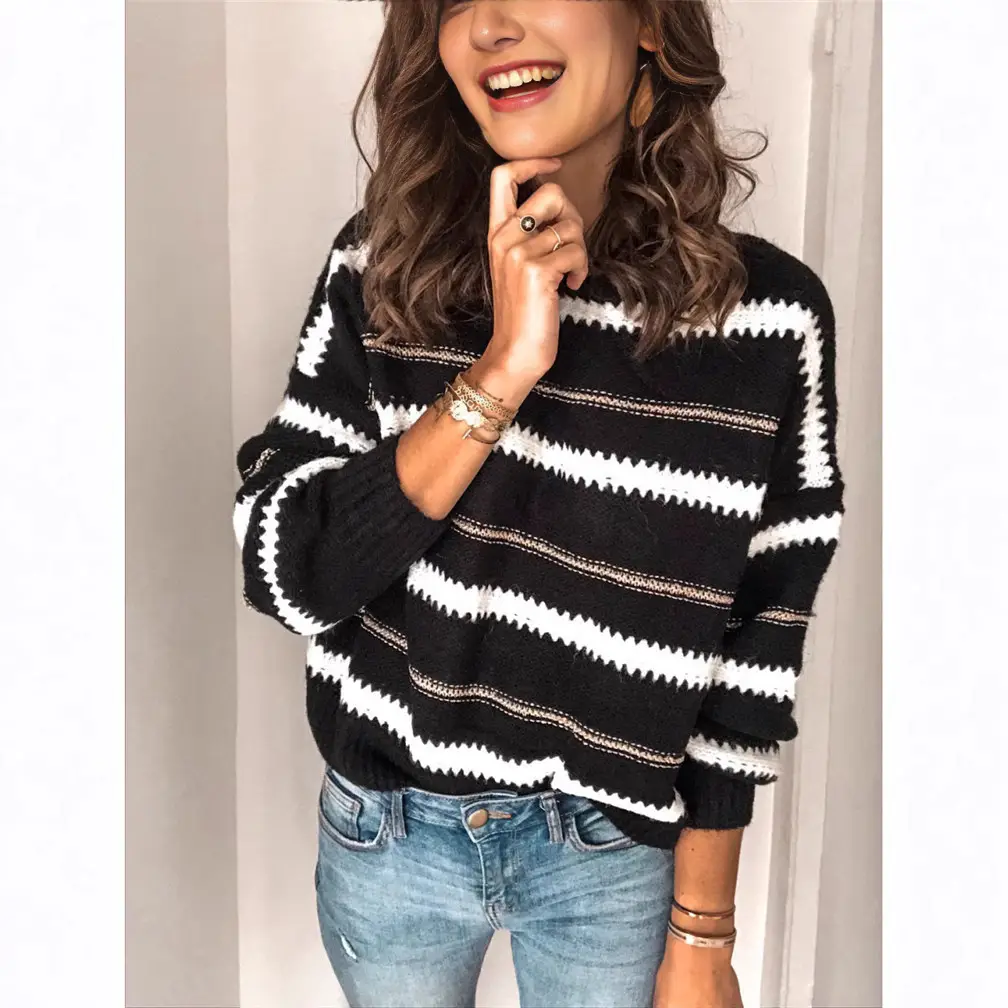 Women's 2020 Stripe Pullover Sweater White Black Brown - Image 5