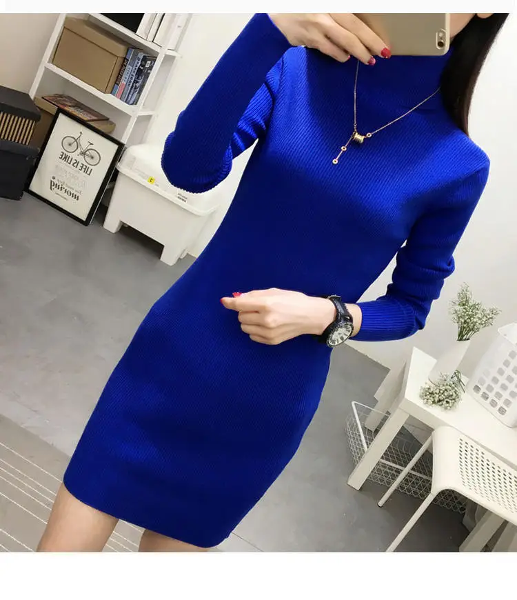 Blue Knitted Long-Sleeve Mid-Length Dress for Women — feature 1